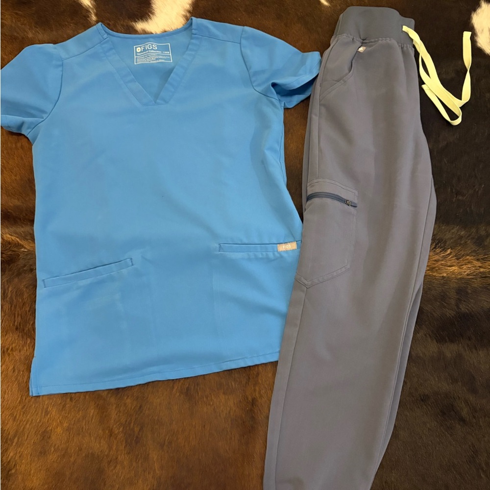 Figs Technical Collection Blue Scrub Top and grey scrub pants